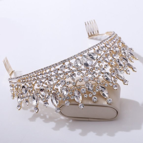 Queen Tiara Gold Crown with Comb, Bridal, Pageant Prom, Halloween, Quinceanera - Picture 2 of 2